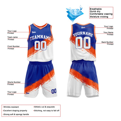 Custom Basketball Jersey Uniform Suit Printed Your Logo Name Number Royal-Orange-White enthsush