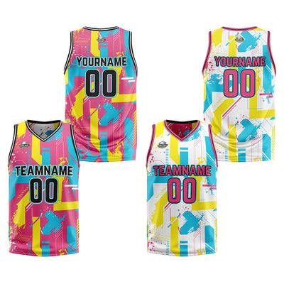 Custom Pink Yellow Reversible Basketball Suit for Adults and Kids Personalized Jersey enthsush