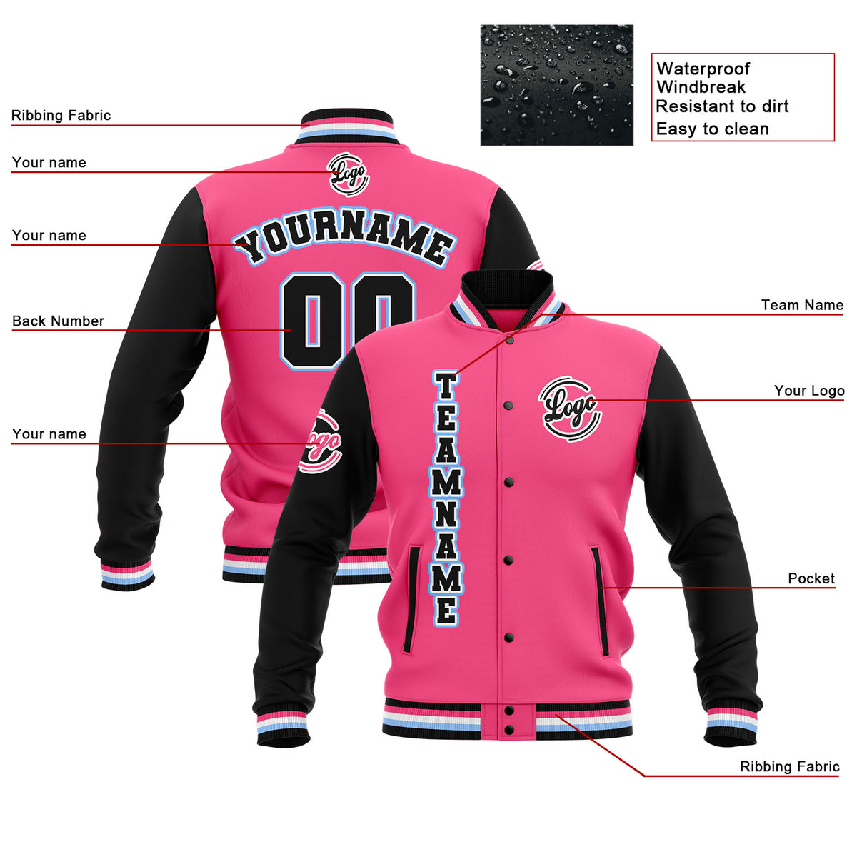 Custom Black Pink Light Blue Waterproof Varsity Jackets Personalized Stitched Name Number Logo to Letterman Jackets enthsush