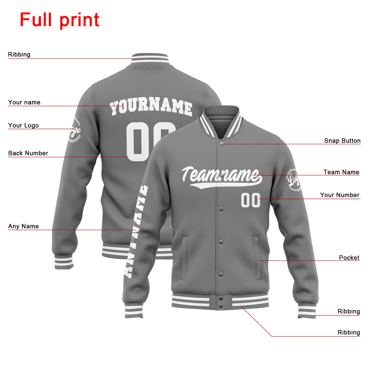 Custom Varsity Jacket Letterman jacket for Men, Women and Youth Grey White enthsush