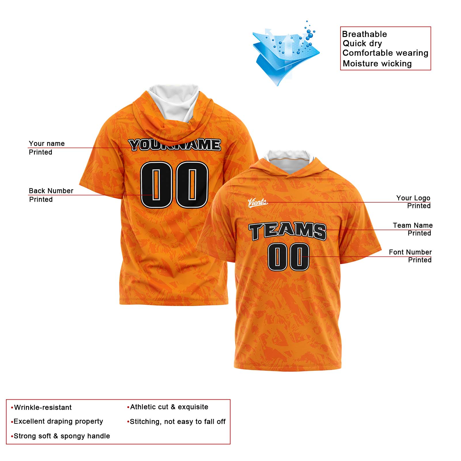Custom Orange Short Sleeve Hoodies for Men Women Shirts with Hoods Printed Name Logo enthsush