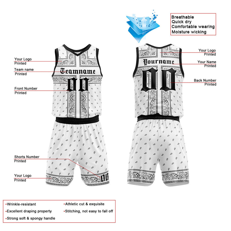 Custom Basketball Jersey Uniform Suit Printed Your Logo Name Number White-Black enthsush