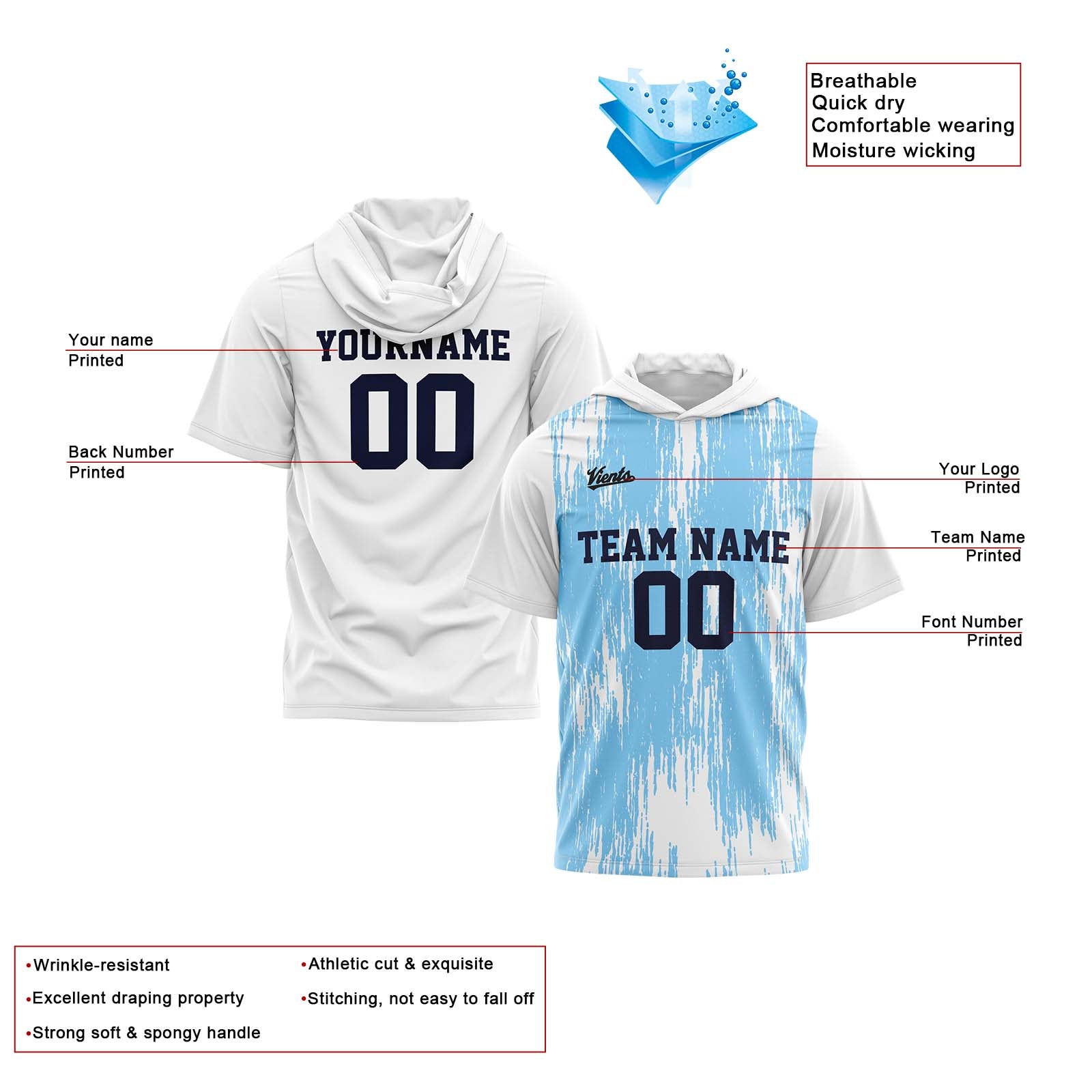 Custom White Light Blue Sleeve Hoodies for Men Women Shirts with Hoods Printed Name Logo enthsush