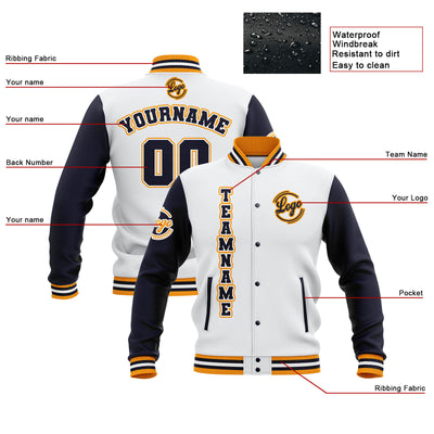 Custom White Navy Yellow Waterproof Varsity Jackets Personalized Stitched Name Number Logo to Letterman Jackets enthsush