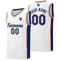 Custom basketball jersey shorts for men and women. Embroidered and printed name, number and logo White&Royal&Orange enthsush
