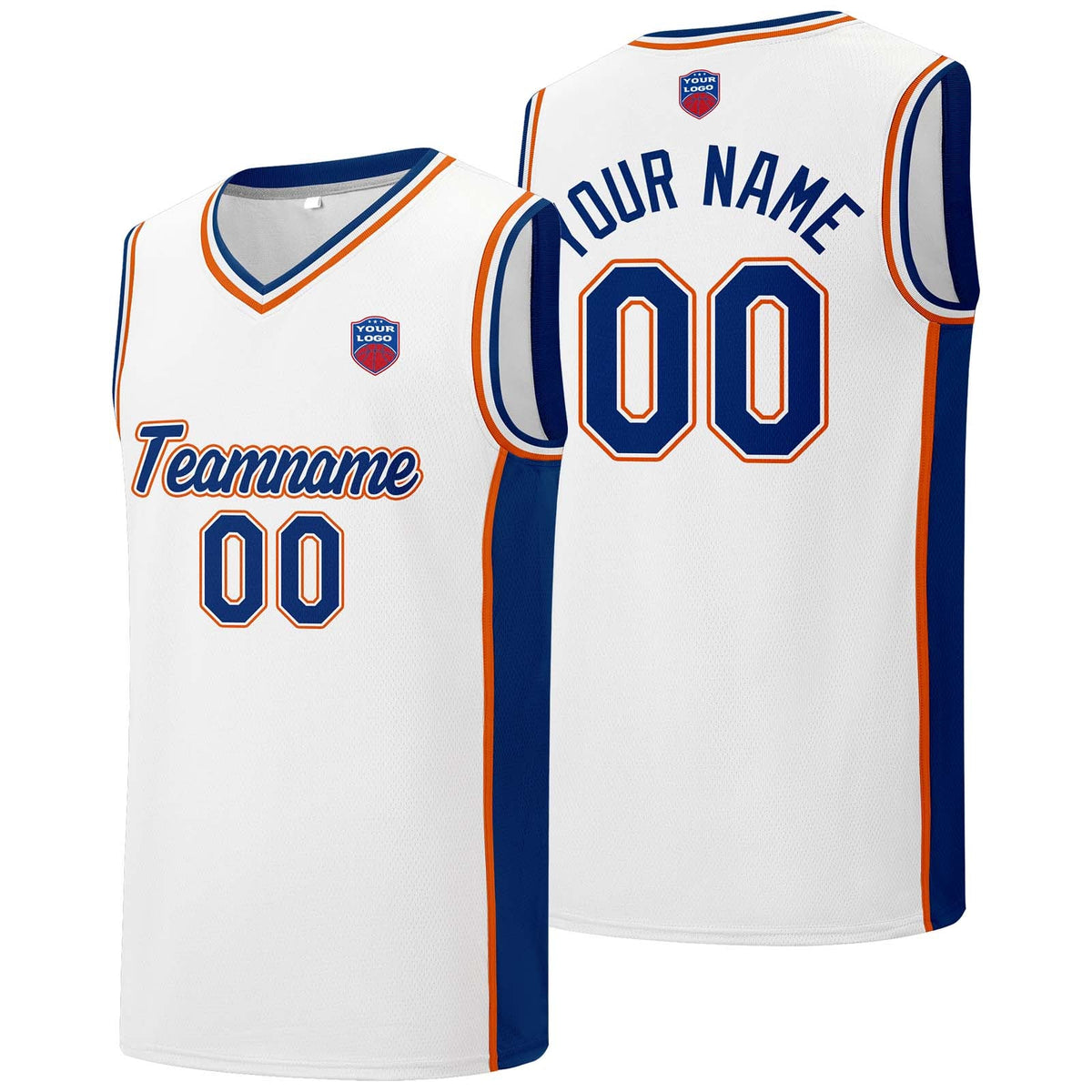 Custom basketball jersey shorts for men and women. Embroidered and printed name, number and logo White&Royal&Orange enthsush