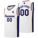 Custom basketball jersey shorts for men and women. Embroidered and printed name, number and logo White&Royal&Orange