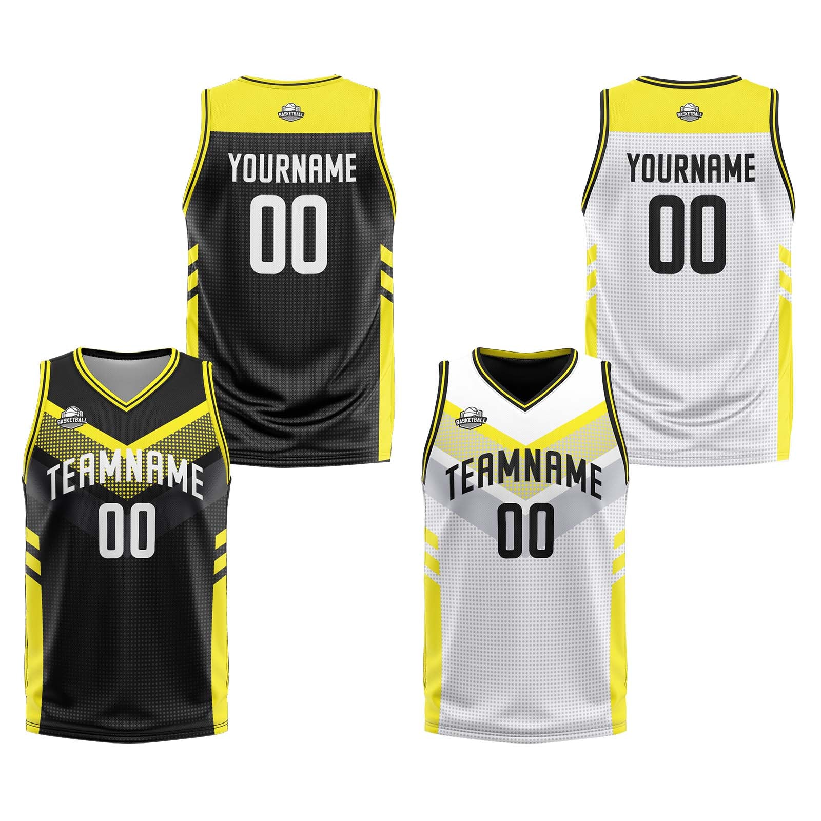 Custom Black White Yellow Reversible Basketball Suit for Adults and Kids Personalized Jersey enthsush