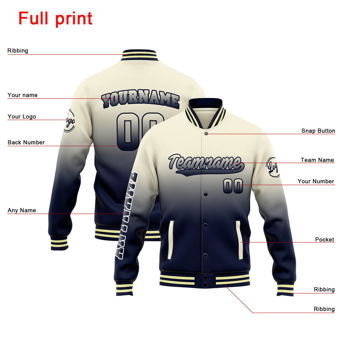 Custom Varsity Jacket Letterman jacket for Men, Women and Youth Crean Navy Gradient enthsush