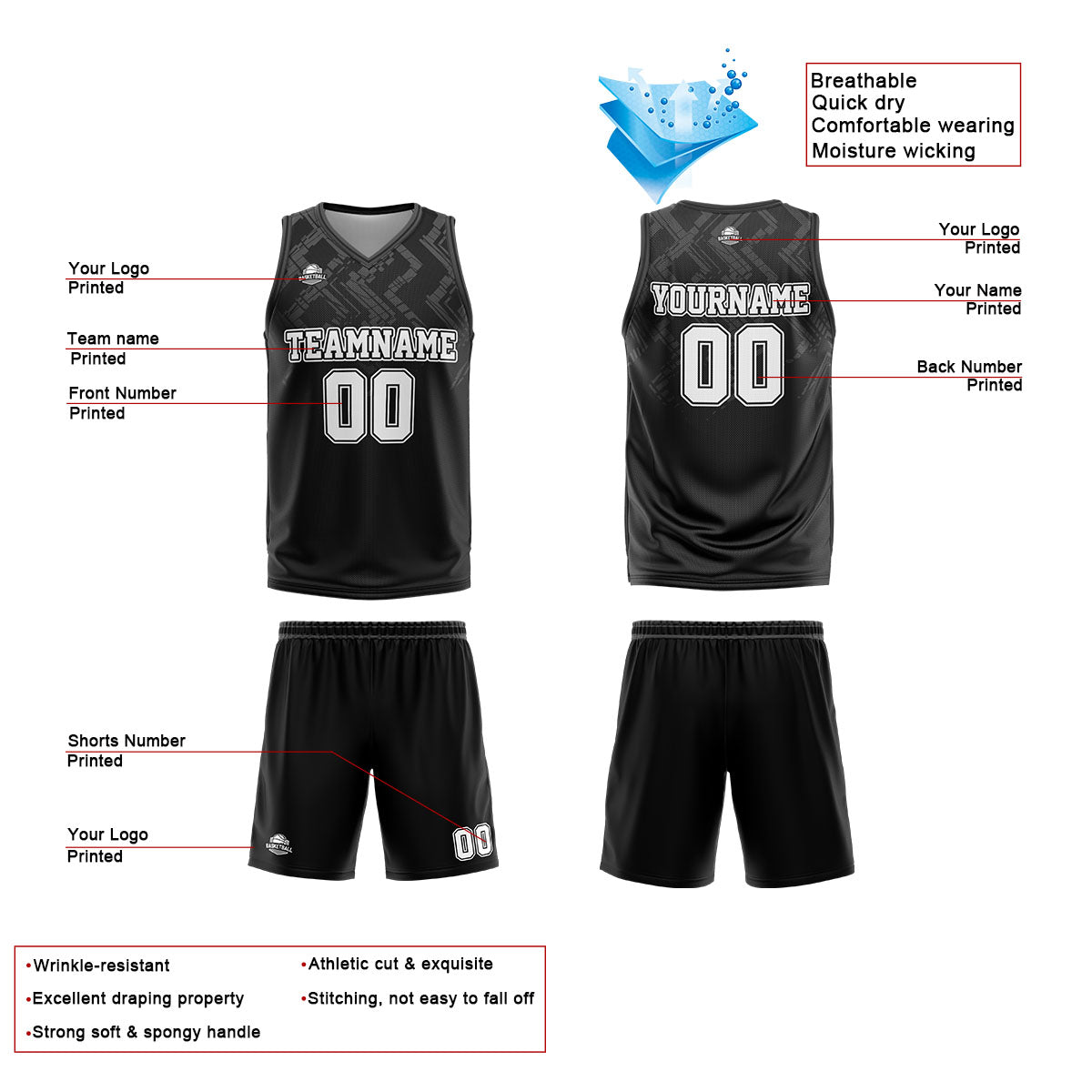 Custom Black Grey Basketball Jersey Uniform Suit Printed Your Logo Name Number enthsush
