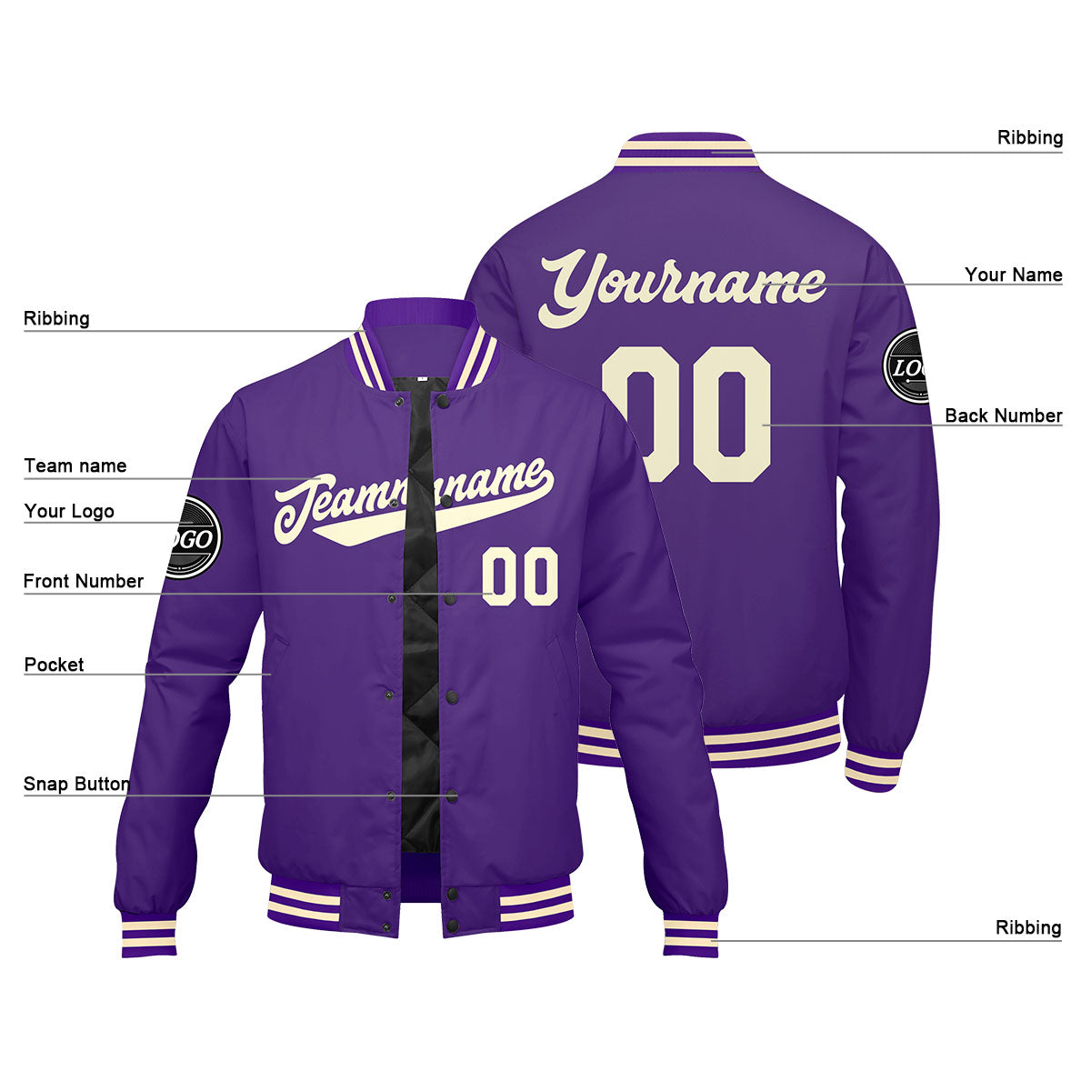 Custom Varsity Jacket Letterman jacket for Men, Women and Youth Purple Cream enthsush
