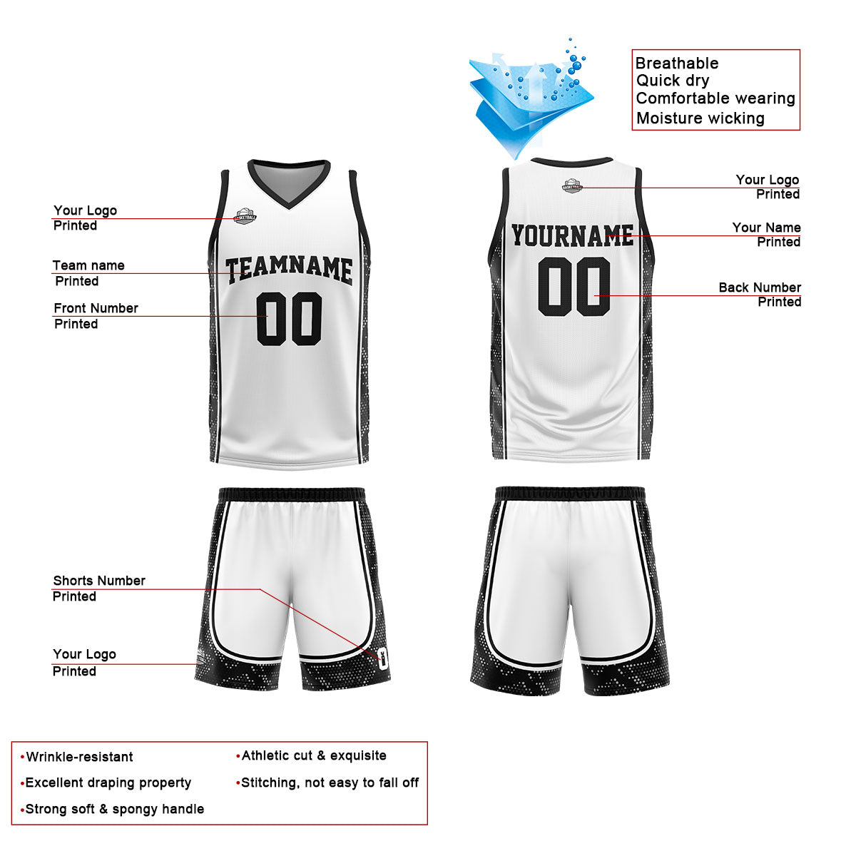Custom White Black Basketball Jersey Uniform Suit Printed Your Logo Name Number enthsush