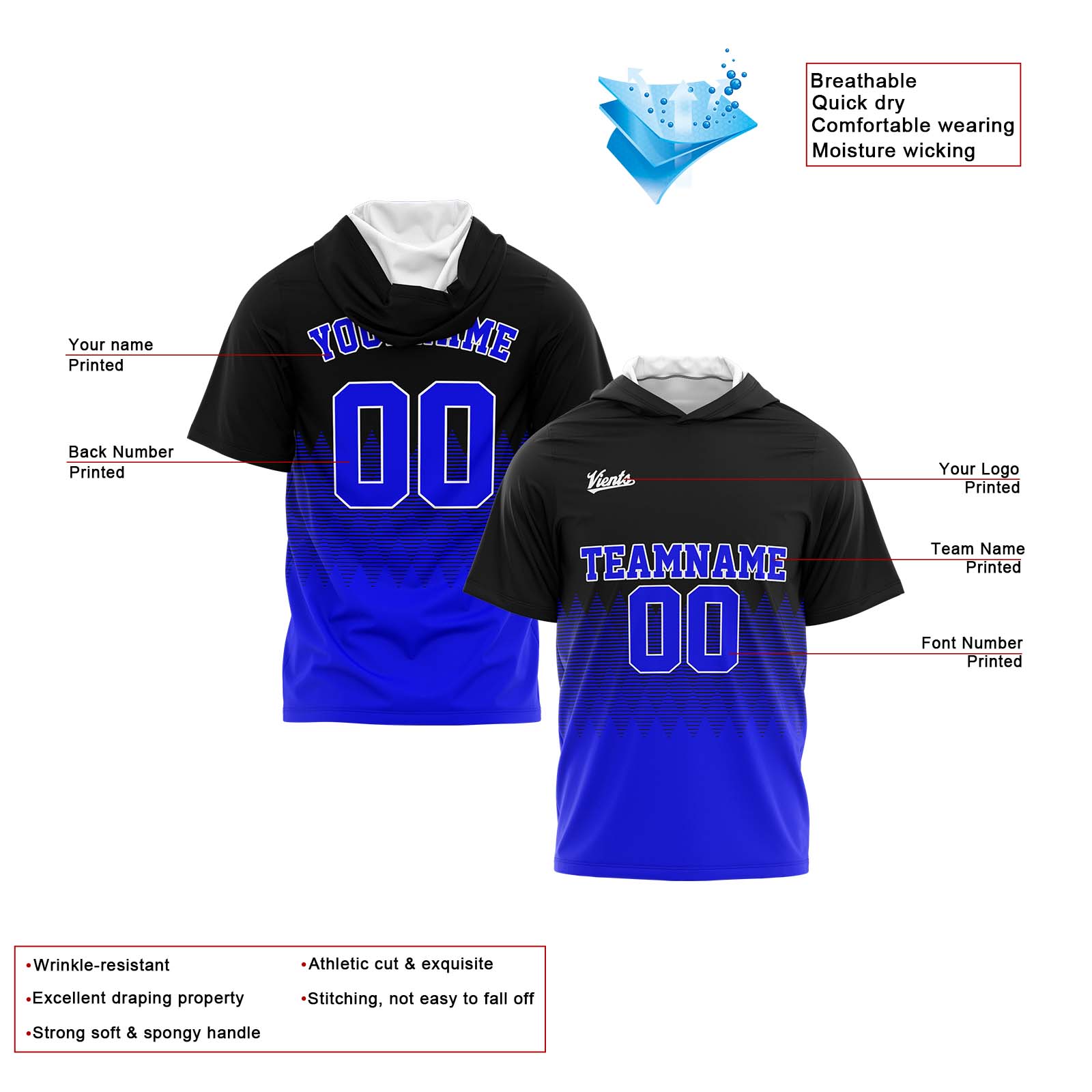 Custom Black Royal Short Sleeve Hoodies for Men Women Shirts with Hoods Printed Name Logo enthsush