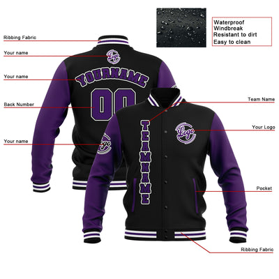 Custom Black Purple White Waterproof Varsity Jackets Personalized Stitched Name Number Logo to Letterman Jackets enthsush