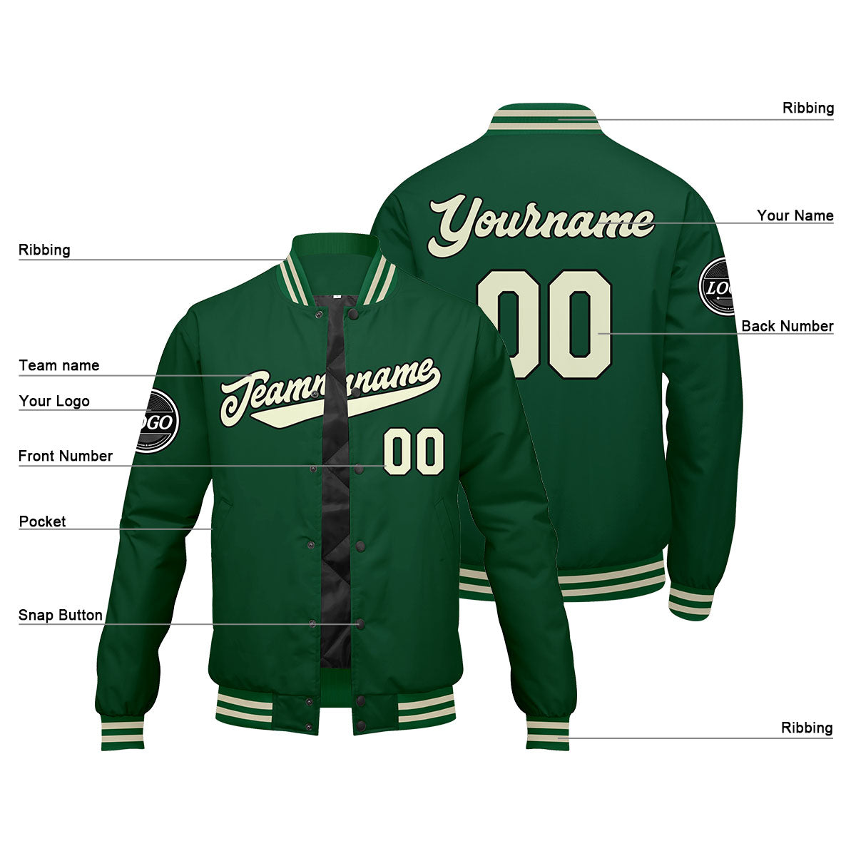 Custom Varsity Jacket Letterman jacket for Men, Women and Youth Green Cream enthsush