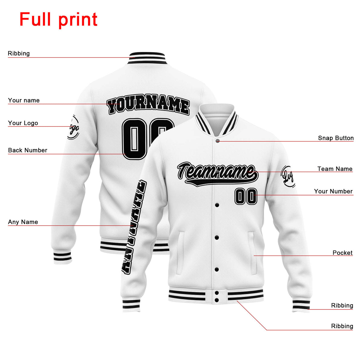 Custom Varsity Jacket Letterman jacket for Men, Women and Youth White Black enthsush