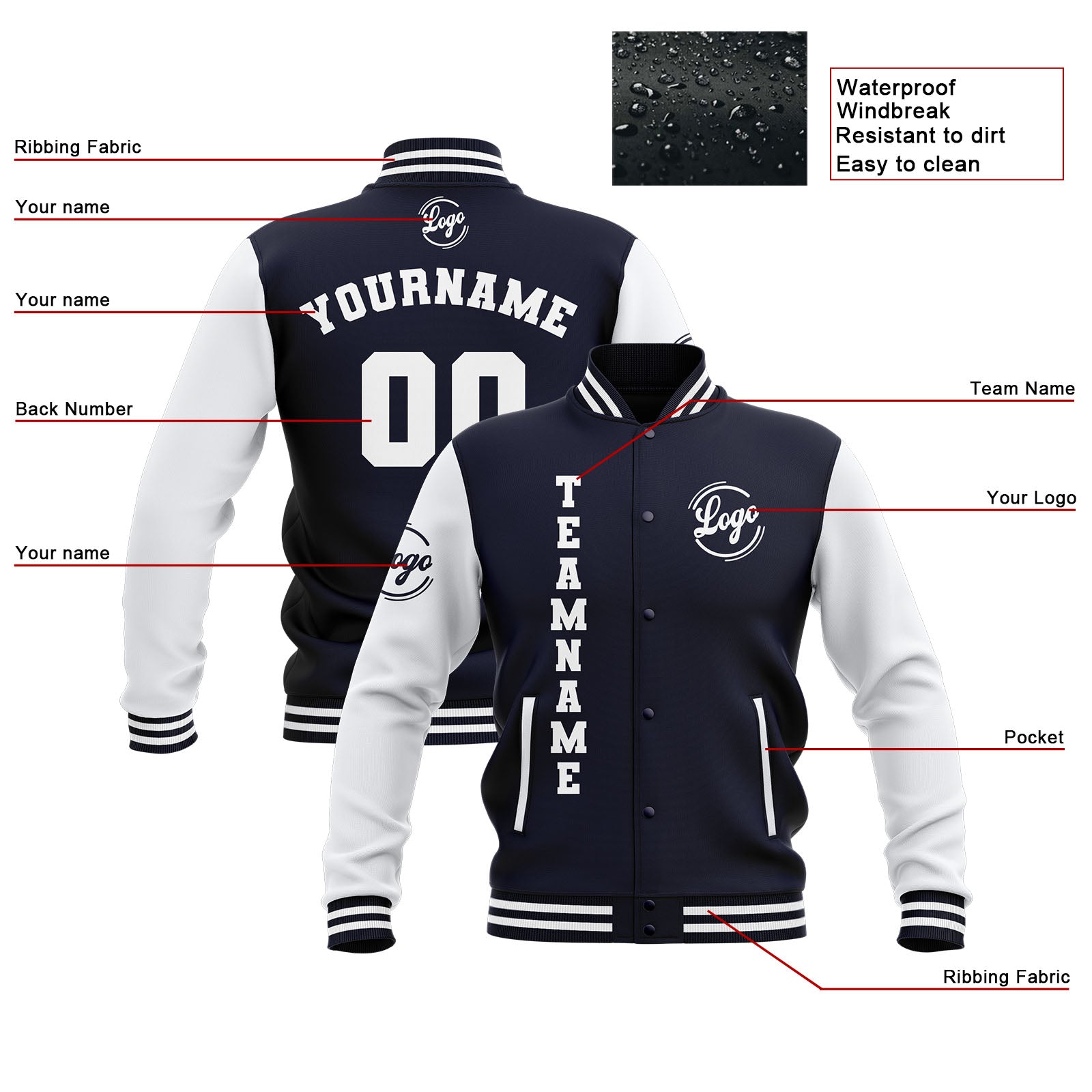 Custom Navy White Waterproof Varsity Jackets Personalized Stitched Name Number Logo to Letterman Jackets enthsush