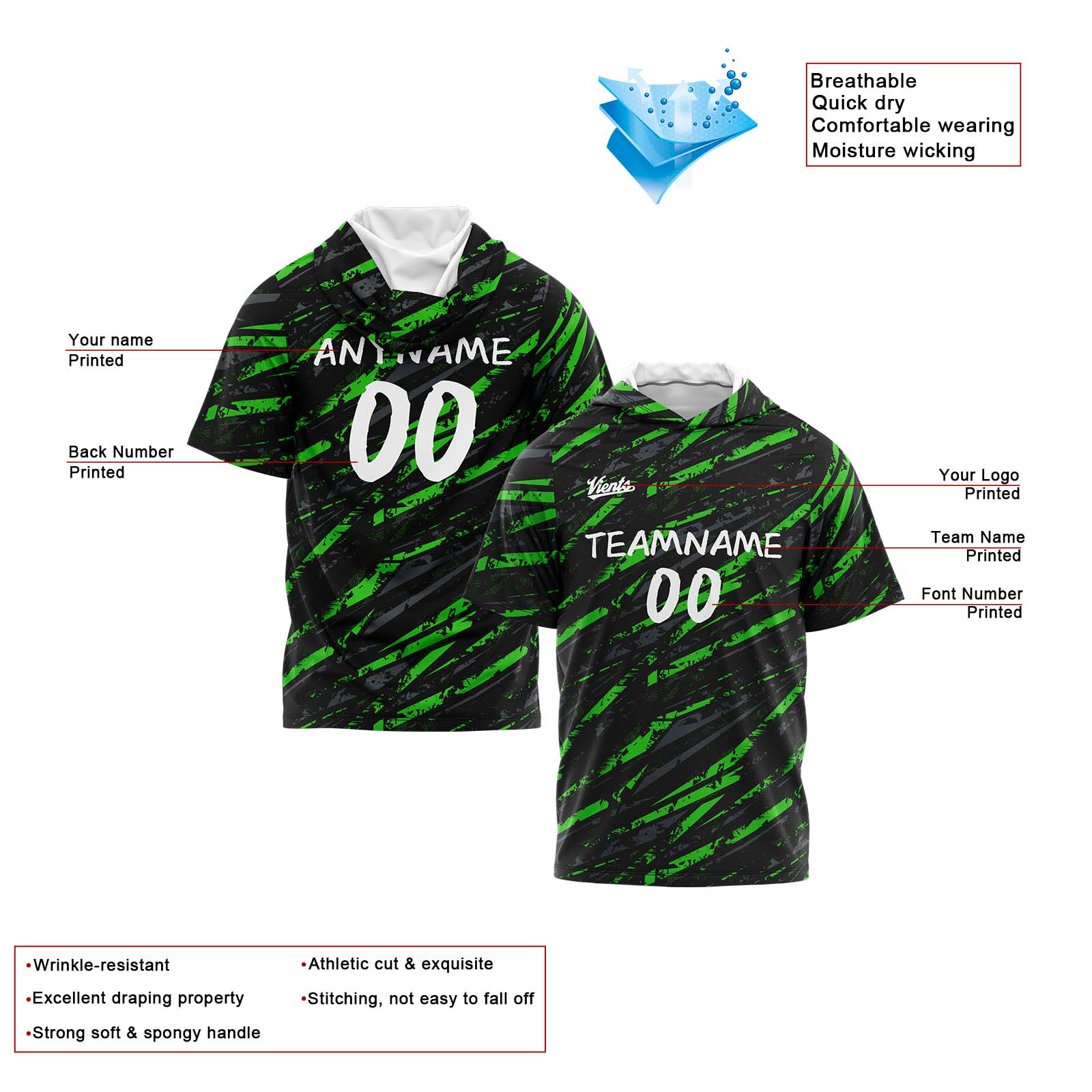 Custom Black Green Short Sleeve Hoodies for Men Women Shirts with Hoods Printed Name Logo enthsush