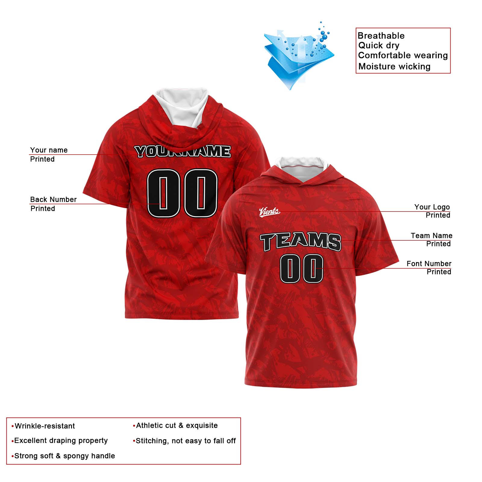 Custom Red Short Sleeve Hoodies for Men Women Shirts with Hoods Printed Name Logo enthsush
