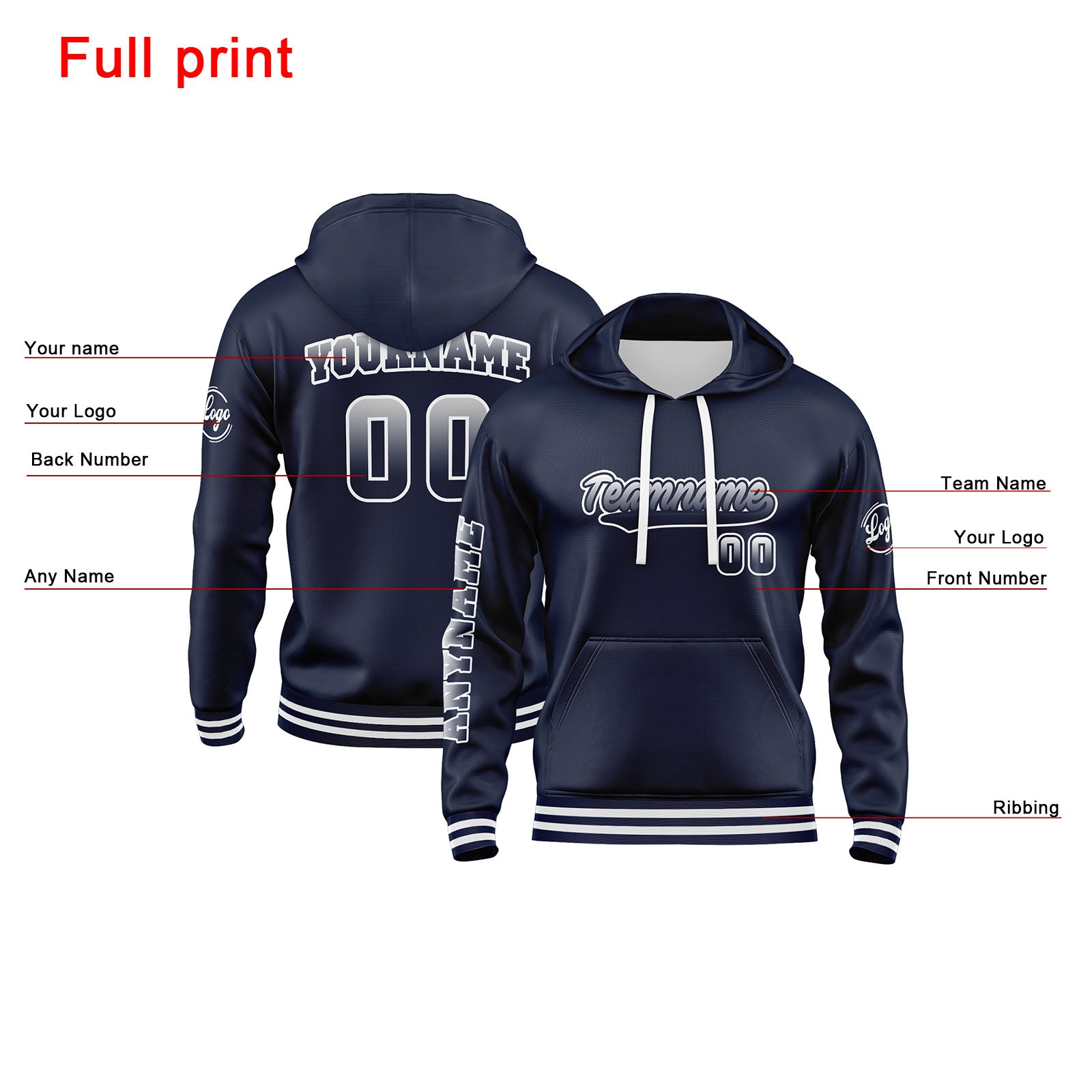 Custom Navy White Sweatshirt Hoodie For Men Women Girl Boy Print Your Logo Name Number enthsush