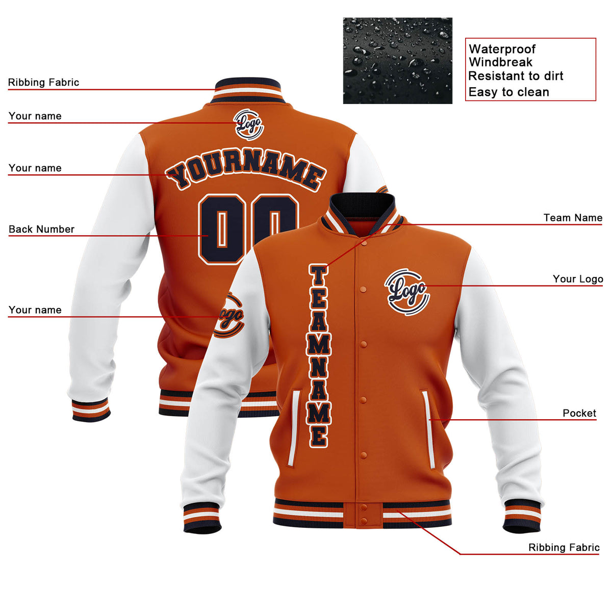 Custom Orange White Navy Waterproof Varsity Jackets Personalized Stitched Name Number Logo to Letterman Jackets enthsush