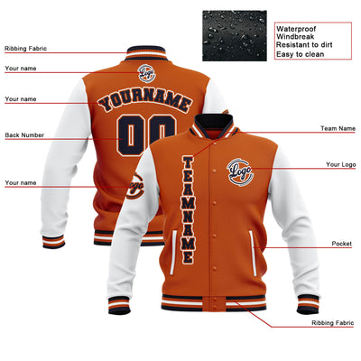 Custom Orange White Navy Waterproof Varsity Jackets Personalized Stitched Name Number Logo to Letterman Jackets enthsush