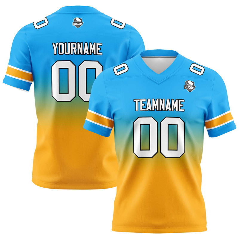 Custom Light Blue Orange Gradient Football Jersey Personalized Football Shirts for Men Women  Printed Team Name Number Logo