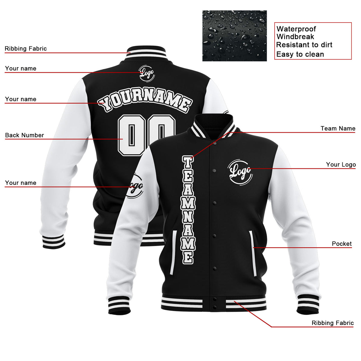 Custom Black White Waterproof Varsity Jackets Personalized Stitched Name Number Logo to Letterman Jackets enthsush