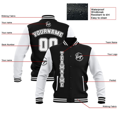Custom Black White Waterproof Varsity Jackets Personalized Stitched Name Number Logo to Letterman Jackets enthsush