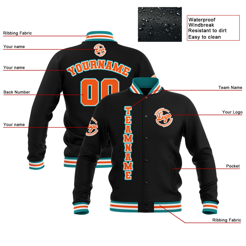 Custom Black Teal Orange Waterproof Varsity Jackets Personalized Stitched Name Number Logo to Letterman Jackets enthsush
