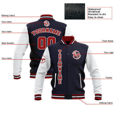 Custom Navy White Red Waterproof Varsity Jackets Personalized Stitched Name Number Logo to Letterman Jackets enthsush