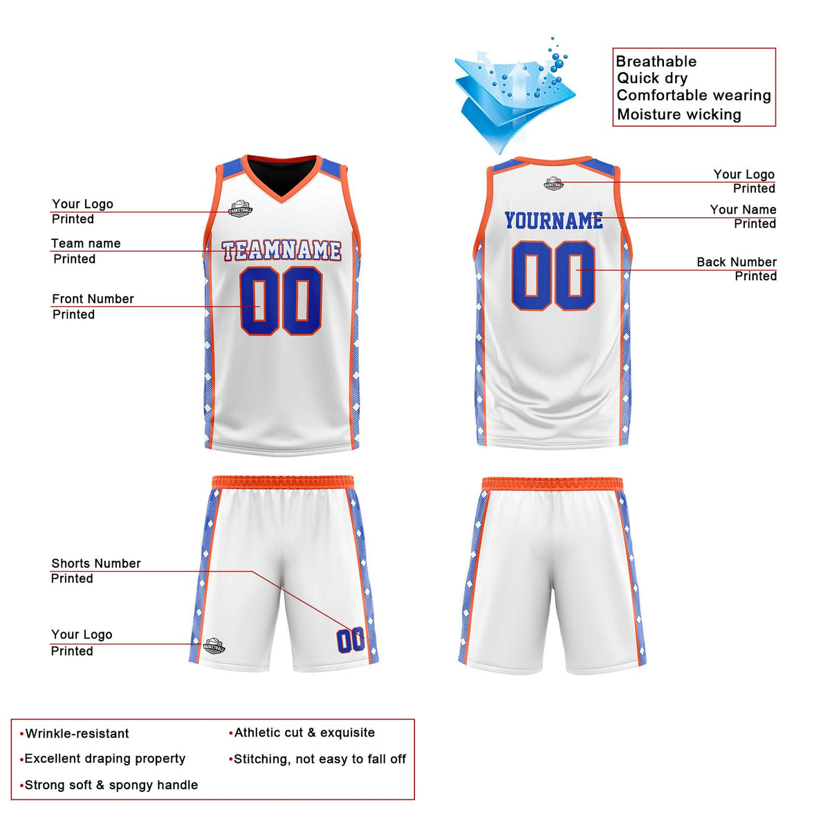 Custom Royal Orange Reversible Basketball Suit for Adults and Kids Personalized Jersey enthsush