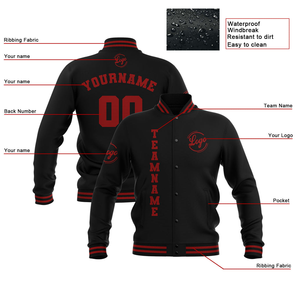 Custom Black Red Waterproof Varsity Jackets Personalized Stitched Name Number Logo to Letterman Jackets enthsush