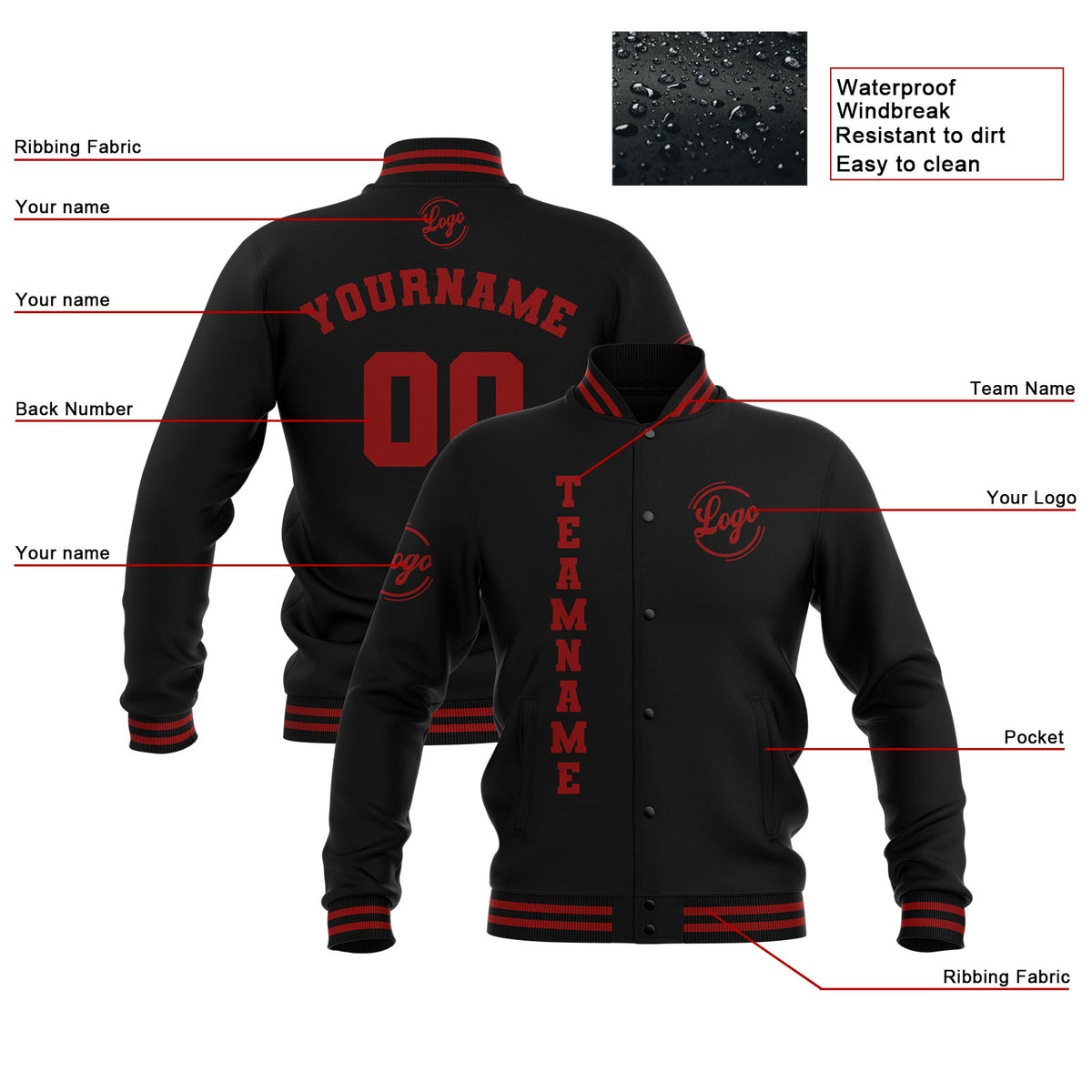 Custom Black Red Waterproof Varsity Jackets Personalized Stitched Name Number Logo to Letterman Jackets enthsush