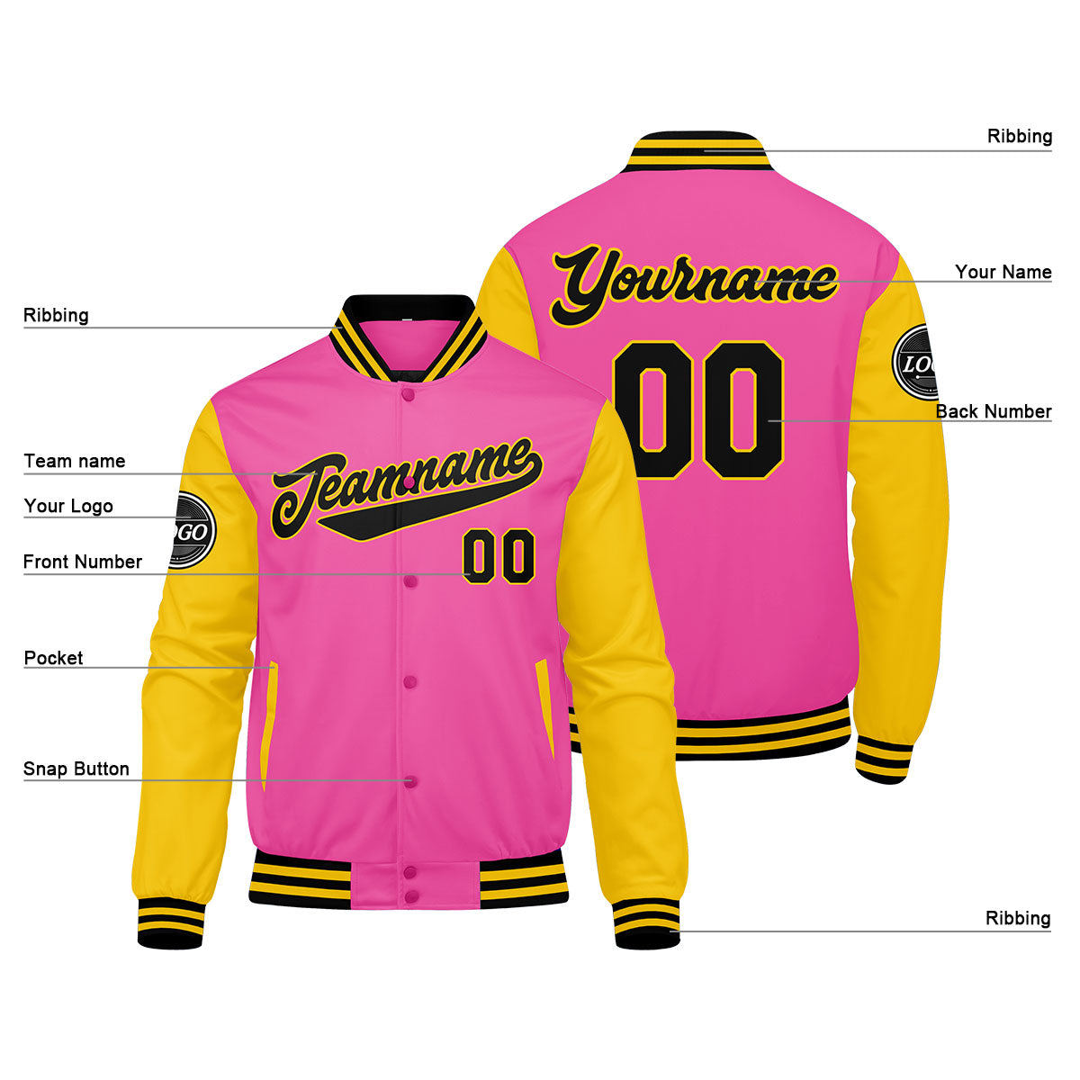 Custom Varsity Jacket Letterman jacket for Men, Women and Youth Pink Yellow Black enthsush