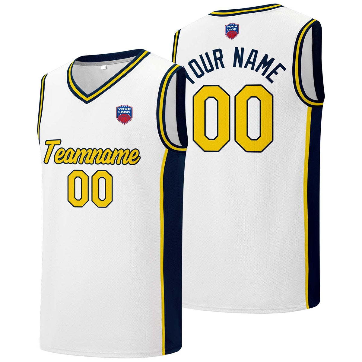 Custom basketball jersey shorts for men and women. Embroidered and printed name, number and logo White enthsush