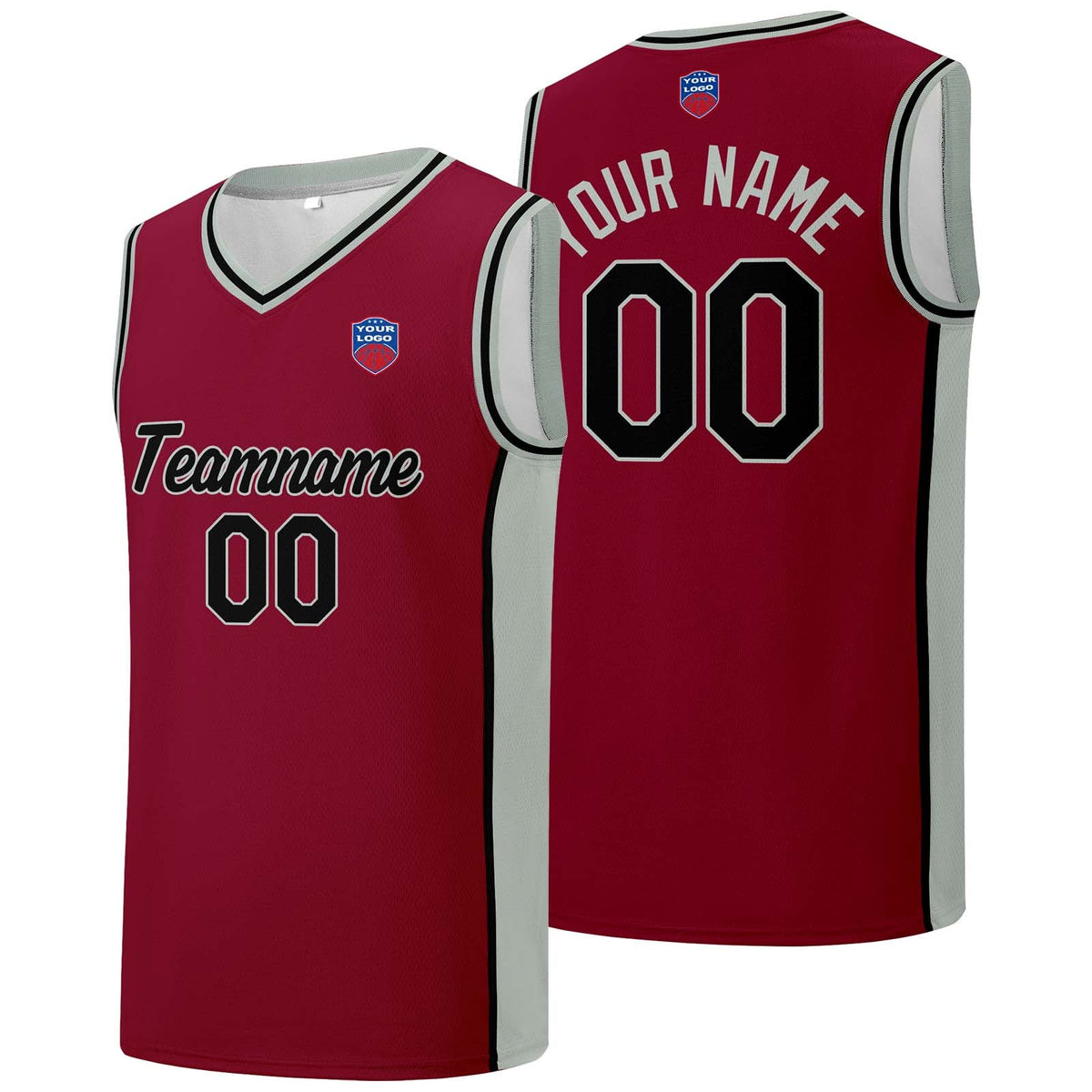Custom basketball jersey shorts for men and women. Embroidered and printed name, number and logo Burgundy&Grey enthsush