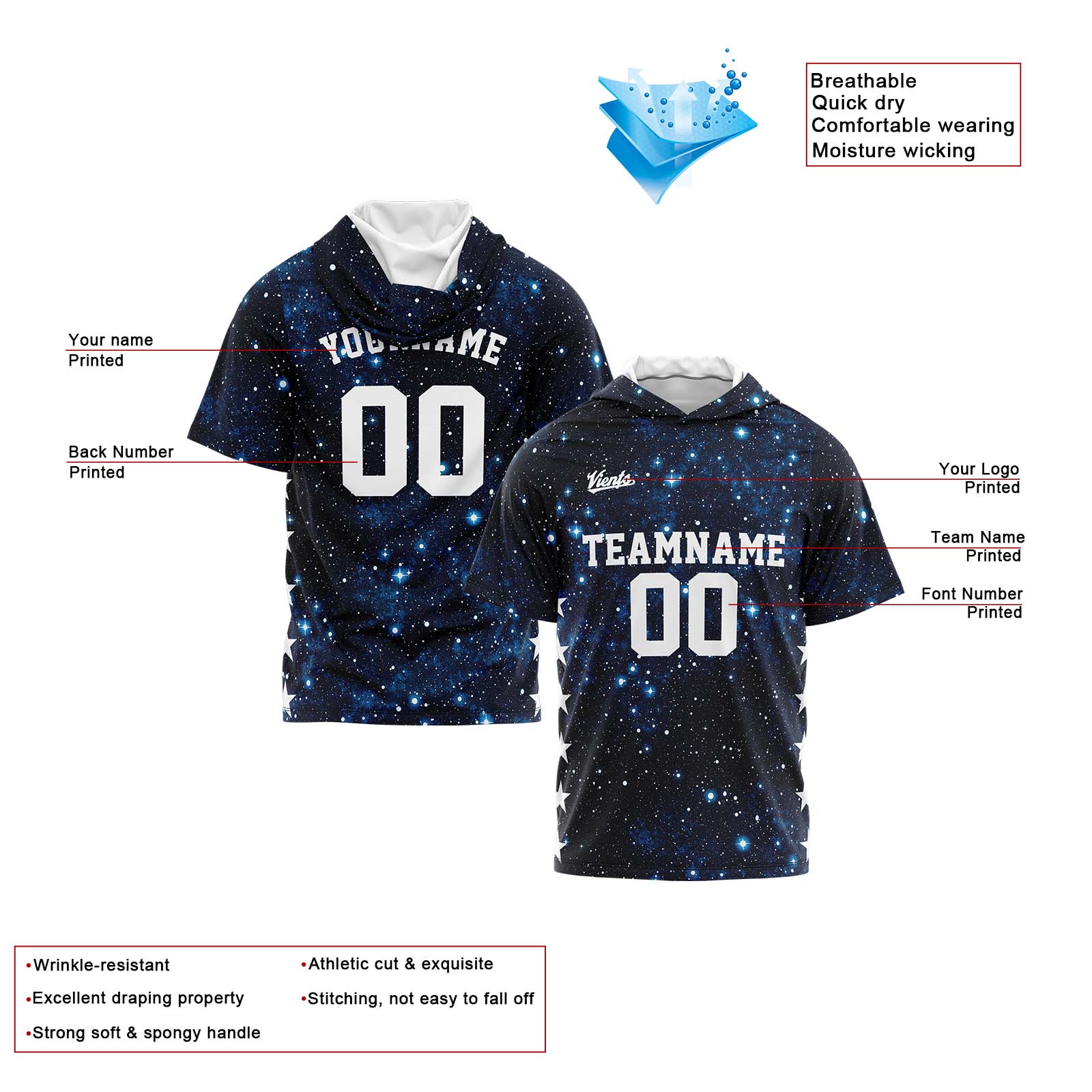 Custom Navy Short Sleeve Hoodies for Men Women Shirts with Hoods Printed Name Logo enthsush