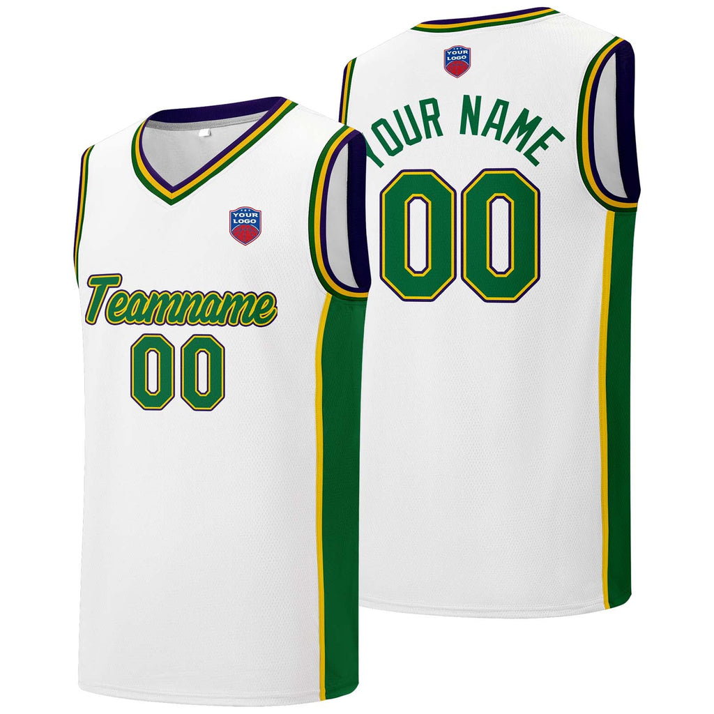 Custom basketball jersey shorts for men and women. Embroidered and printed name, number and logo White&Green&Yellow&Purple enthsush