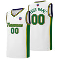 Custom basketball jersey shorts for men and women. Embroidered and printed name, number and logo White&Green&Yellow&Purple enthsush