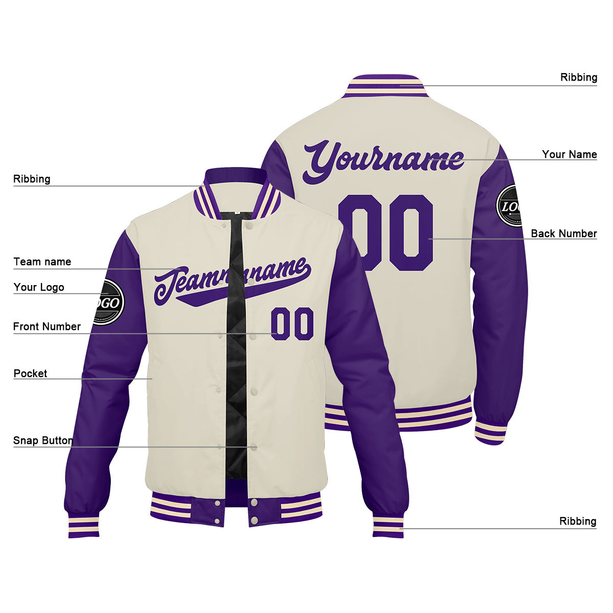 Custom Varsity Jacket Letterman jacket for Men, Women and Youth Purple Cream enthsush
