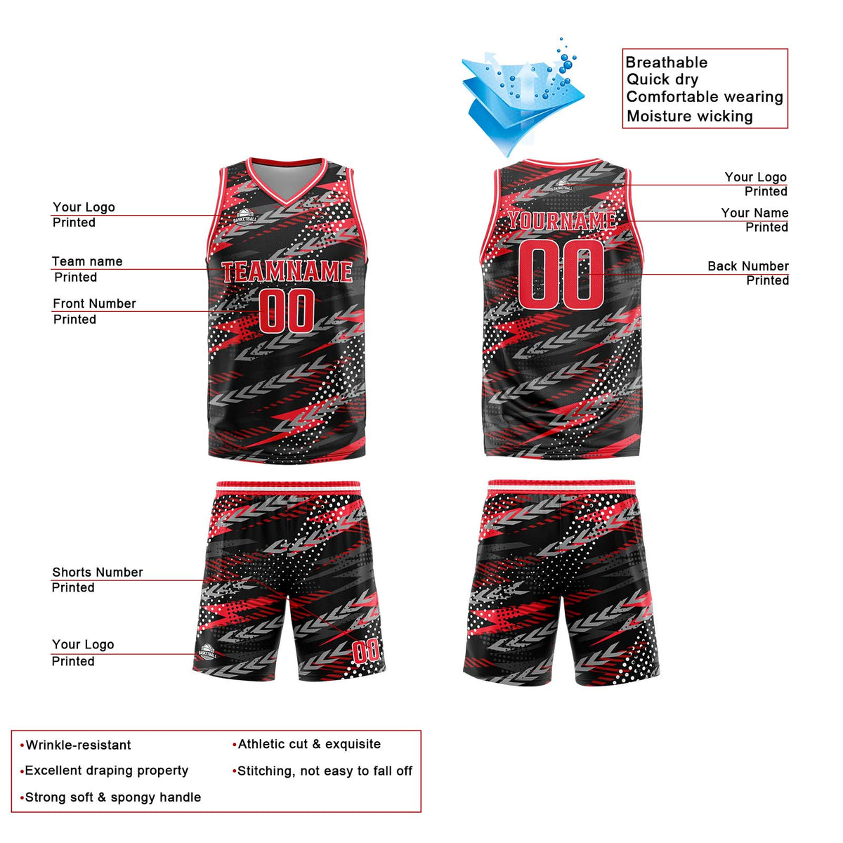 Custom Black Red Grey Reversible Basketball Suit for Adults and Kids Personalized Jersey enthsush