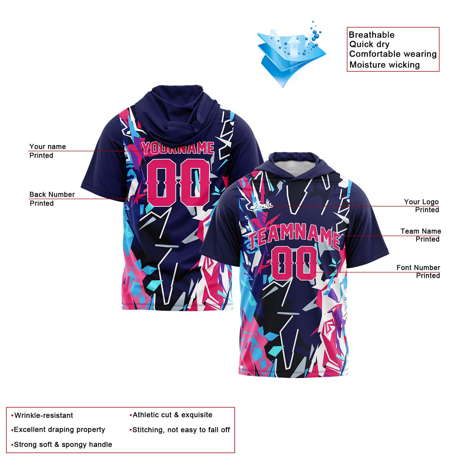 Custom Navy Pink Sleeve Hoodies for Men Women Shirts with Hoods Printed Name Logo enthsush