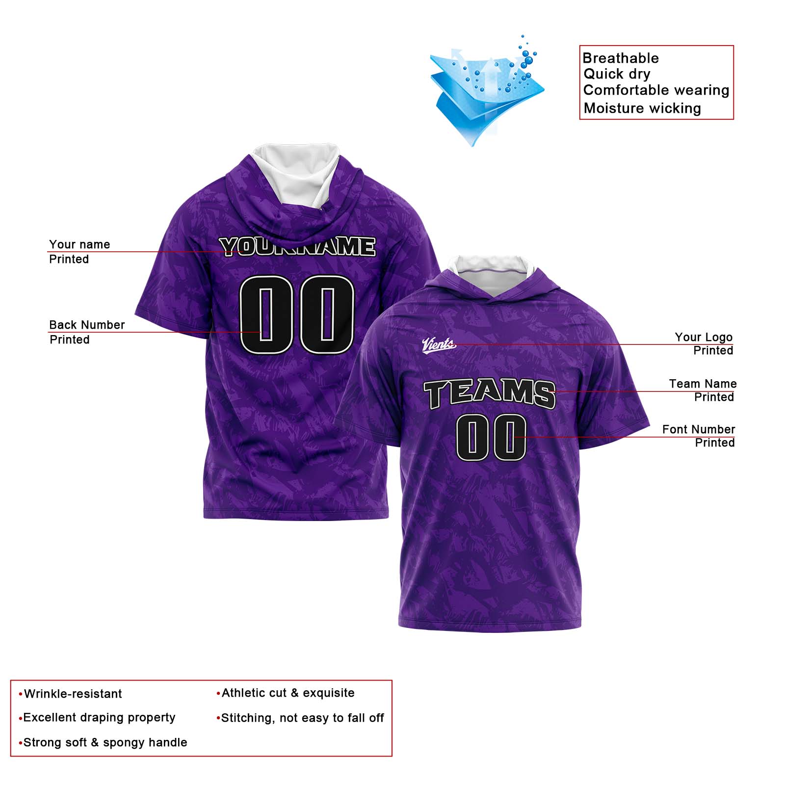 Custom Purple Short Sleeve Hoodies for Men Women Shirts with Hoods Printed Name Logo enthsush