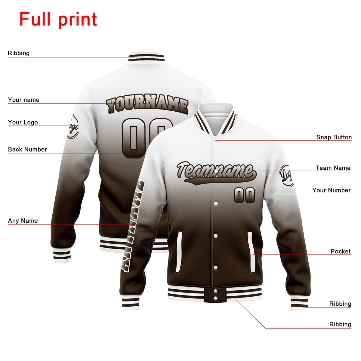 Custom Varsity Jacket Letterman jacket for Men, Women and Youth White Brown Gradient enthsush
