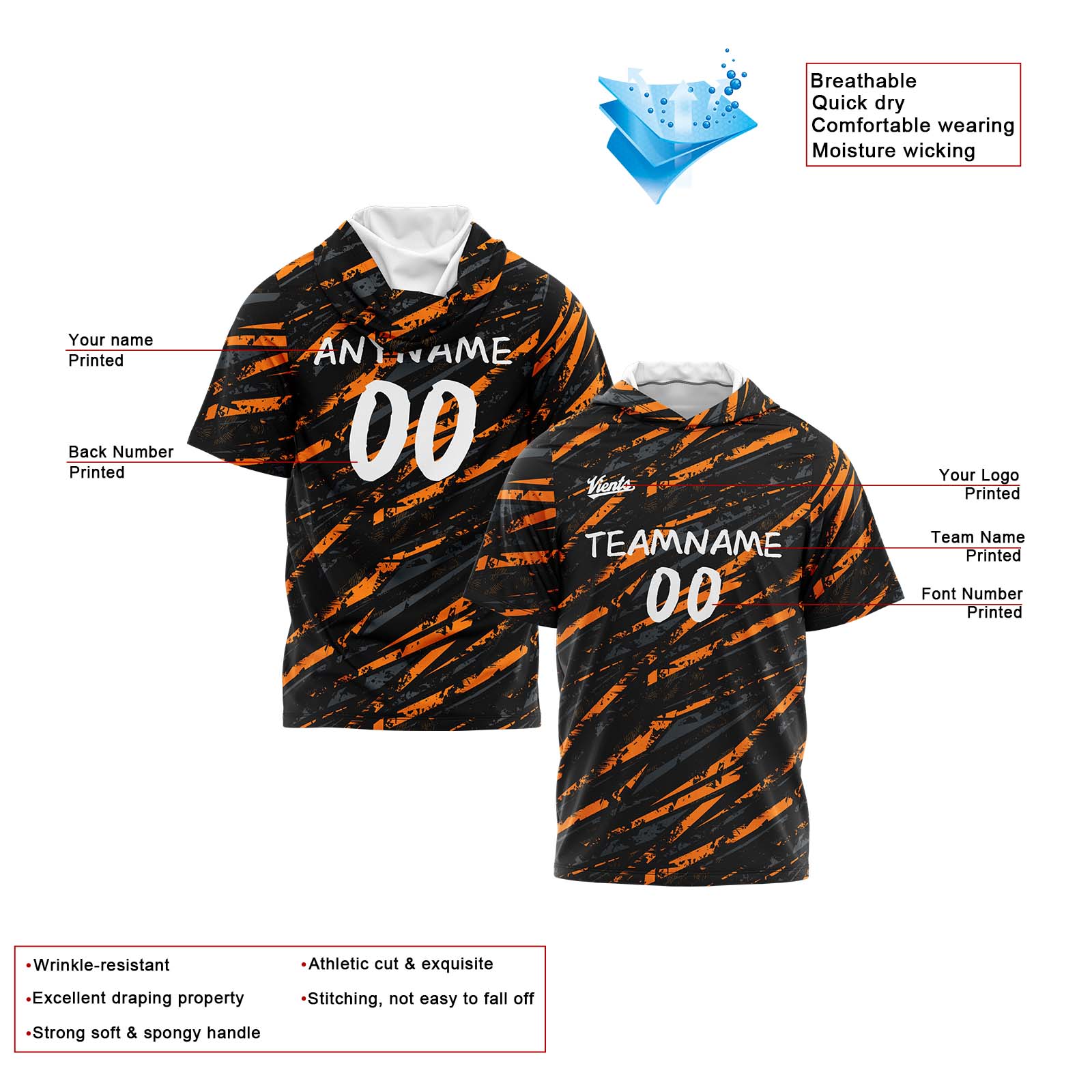 Custom Black Orange Short Sleeve Hoodies for Men Women Shirts with Hoods Printed Name Logo enthsush