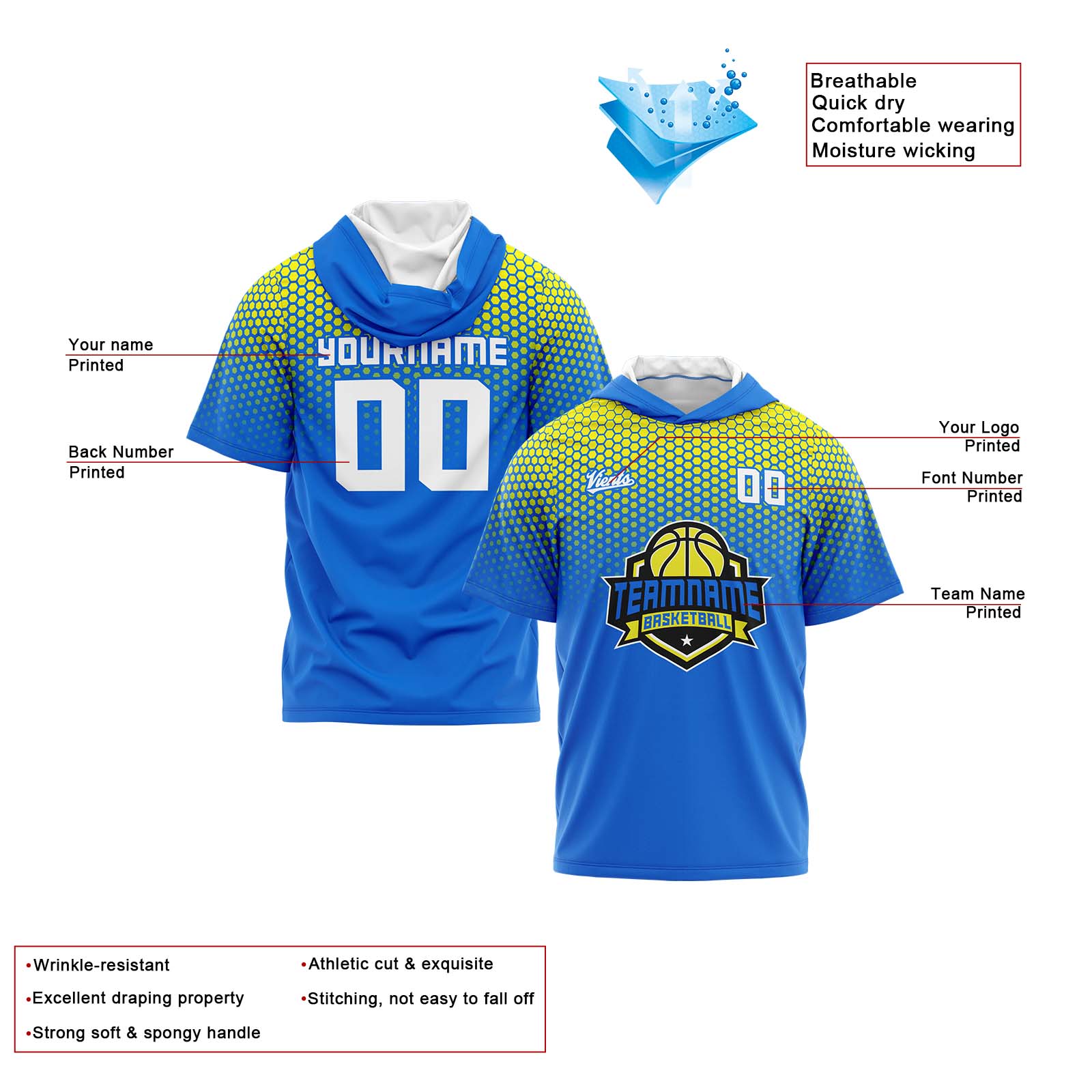 Custom Blue Yellow Short Sleeve Hoodies for Men Women Shirts with Hoods Printed Name Logo enthsush