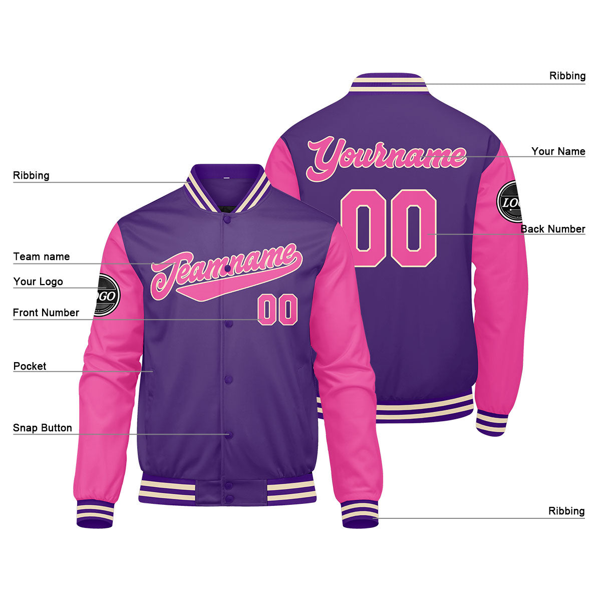 Custom Varsity Jacket Letterman jacket for Men, Women and Youth Purple Pink enthsush