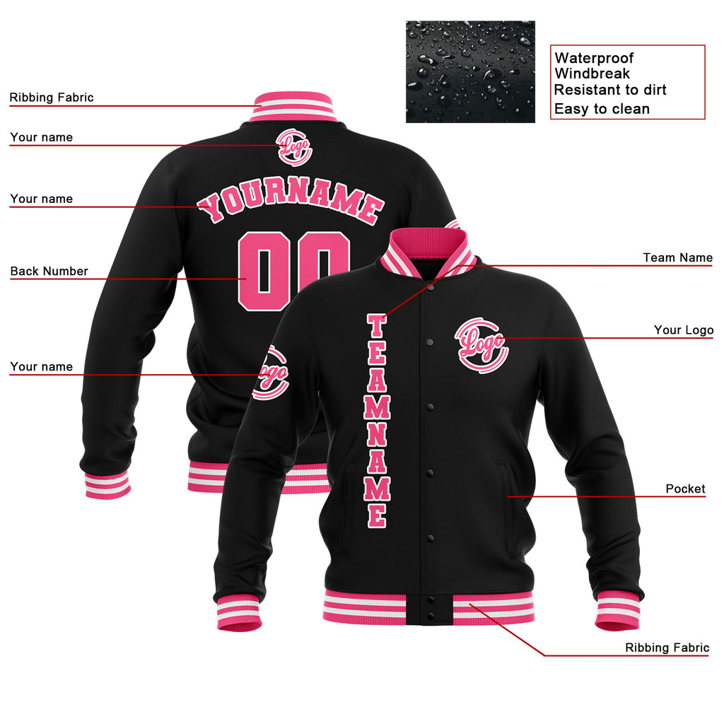 Custom Black Pink White Waterproof Varsity Jackets Personalized Stitched Name Number Logo to Letterman Jackets enthsush