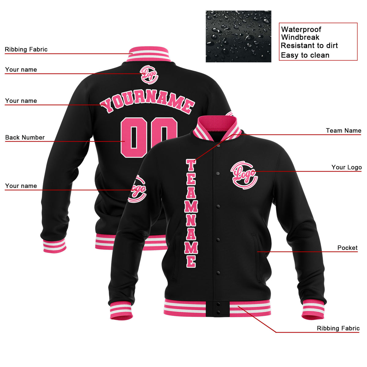 Custom Black Pink White Waterproof Varsity Jackets Personalized Stitched Name Number Logo to Letterman Jackets enthsush